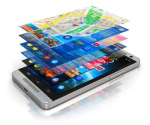 Creative abstract mobility, wireless communication and app downloading internet web business concept: modern metal black glossy touchscreen smartphone with group of colorful application screen interfaces with color icons and buttons isolated on white background with reflection effect