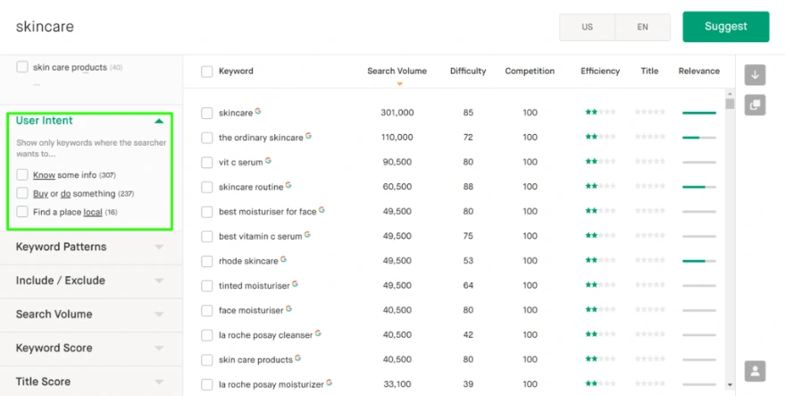 Screenshot showing different keywords based on user intent