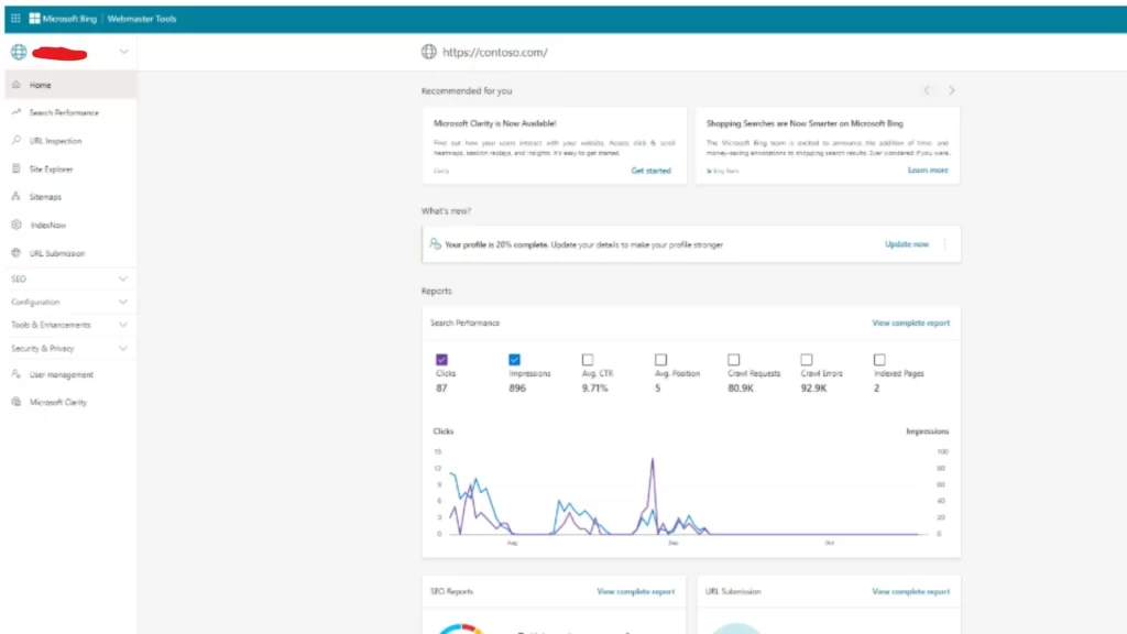 Screenshot of Bing Webmaster Tool Dashboard